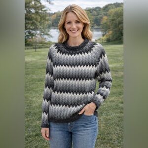 Vintage Fair Isle Pattern Wool Knit Crewneck Sweater Mens M Gray Oversized Women